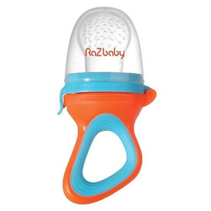 Razbaby Baby Fruit Feeder/Food Feeder Pacifier, Infant Teething Toy Teether 6M+, Add Baby'S Favorite Frozen Fruit Or Fresh Food For Teething Relief, Silicone Pouch/Nipple, Bpa Free, Orange/Blue