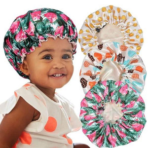 3 Pieces Kids Satin Bonnet Adjustable Sleeping Cap Soft Silk Flower Night Hats For Natural Hair Teens Toddler Child Baby Reversible Double Showering Caps