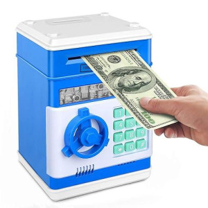 Setibre Piggy Bank For Kids, Electronic Atm Password Cash Coin Can Auto Scroll Paper Money Saving Box Toy Gift For Kids (Blue)