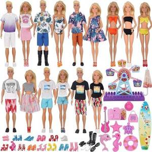Eutenghao 78Pcs Doll Clothes And Accessories For 11.5 Inch Girl Doll And 12 Inch Boy Doll Includes 28 Wear Clothes Shoes And Lovers Outfit Sky Wheel Surfboard Hat For Summer Style Doll Accessories