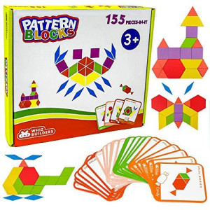 Wooden Pattern Blocks By Whizbuilders : Shape Puzzle Tangram , Montessori Homeschool Kindergarten Stem Toys , Learning Educational Autism Games Activities For Kids Toddlers Girls Boys , 155 Pcs