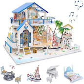Gudoqi Diy Miniature Dollhouse Kit, Miniature House Kit 1:24 Scale,Tiny House Kit With Music And Furniture Kit, Great Gift For Birthday Easter, Blue Sea Legend
