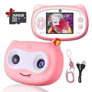 D.Da.D Selfie Kids Camera For Girls Best Birthday Gifts For 3 4 5 6 7 8 Year Old Children Toddler Toys, Portable Rechargeable 20Mp Digital Video Camcorder 2.0 Inch Ips Screen With 32Gb Card - Pink X11