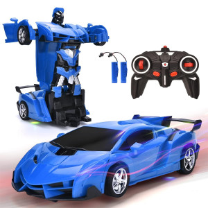 Villacool Remote Control Car, Rc Transformer Cars Toy For Kids, 360? Rotating Deformation With Led Light, Transform Robot Rc Car, Boys Girls New Year'S Gift (Blue)