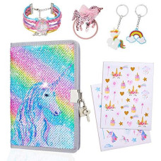 Icosy Unicorn Diary With Lock For Girls, Sequin Kids Journal For Girls Lined Journal Notebook Unicorns Gifts Set With Stickers Bracelet