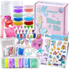 Laevo Mermaid Slime Kit - Diy Slime Kit For Kids - Party Mermaid Gift For Girls - Make Glitter, Butter, Clear Foam Crunchy Glossy Slime Charms Add Ins Mermaid Craft