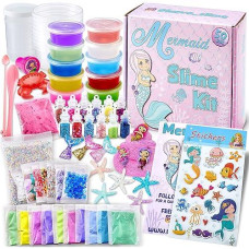 Laevo Mermaid Slime Kit - Diy Slime Kit For Kids - Party Mermaid Gift For Girls - Make Glitter, Butter, Clear Foam Crunchy Glossy Slime Charms Add Ins Mermaid Craft