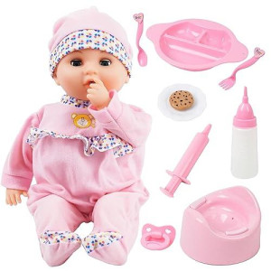Toy Choi'S 16 Inch Interactive Baby Doll Pink - Crying Talking Feeding Dolls With Different Sounds And Accessories, Pretend Play Preschool Toys Gift For Toddlers 2 3 4 5+ Year Old Girls Boys