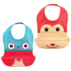 Haha Baby Silicone Bibs For Girls Boys Eating Feeding Toddler Waterproof Roll-Up Bib With Food Catcher Unisex Infant Bibs For Babies, 2 Pack (Red&Beige/Blue&Red)