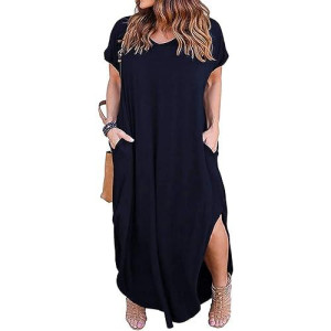 Kancystore Womens Summer Dresses Plus Size Open Back Slits Long Maxi Dress With Pockets Navy Blue Xl