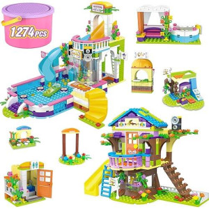 1274 Pieces Friends Tree House Summer Pool Party Building Kit, Friends Treehouse Swimming Pool Building Set With Storage Box, Creative Building Blocks Toy Birthday Gifts For Kids Girls Aged 6-12