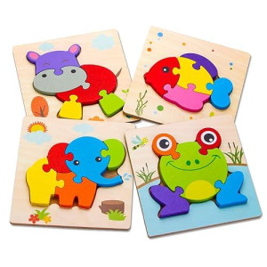 Skyfield Wooden Animal Toddler Puzzles For 1 2 3 Years Old Boys & Girls, Baby Stem Educational Toy Gift With 4 Animals Montessori Bright Color Shapes Learning Puzzles,Great Gift Ideas For 1-3