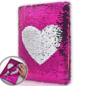 Ginmlyda Sequin Girls Journal For Kids, 8.5X5.5 160 Lined Pages Diary For Girls Heart Pattern Reversible Flip Sequence Notebook For Teenage Pre School Writing Drawing Travel Gifts (Rose Red-Sliver)