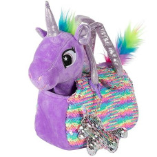 Little Jupiter Plush Pet Set - Unicorn Toys - Unicorns Gifts For Girls - Stuffed Animal For Kids - Unicorns - Plush Toy - W/Reversible Sequins & Charm (Purple Rainbow Unicorn) Age 4-5 - 6-7 Yr