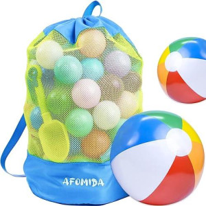 Afomida Mesh Beach Bag Tote Sand Away Beach Backpack Large Swim And Pool Toys Balls Storage Bags, Kids Sea Shell Bag, Beach Sand Toys Collector, Toys Organizer, 2 Kids Inflatable Beach Balls Included