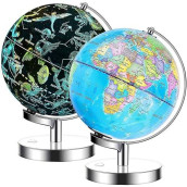 Exerz Illuminated World Globe 9.1-Inch Diameter Metal Base - Political Map (Day) Constellation Globe (Night) - 2 In 1 Light Up Cable Free Led Lamp