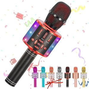 Amazmic Kids Karaoke Microphone Machine Toy Bluetooth Microphone Portable Wireless Karaoke Machine Handheld With Led Lights, Gift For Children Adults Birthday Party, Home Ktv(Black Red)