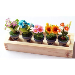 Set 5 Assorted Dollhouse Miniature Flowers,Tiny Flowers In Ceramic Pot With Planter Box, Dollhouse Accessories For Collectibles