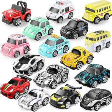Geyiie Metal Car Toys For Kids, Mini Pull Back Vehicles Toys Police Car School Bus Ambulance Race Cars, Small Cars Gift For Easter 3 4 5 6 Boys Girls Toddler,16 Pack