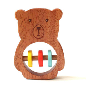 Shumee - Handmade Wooden Bear Rattle, Animal Shaped Wooden Baby Rattle And Teething Toy, Natural Wood And Beeswax Sealer - Ages 6Mo+