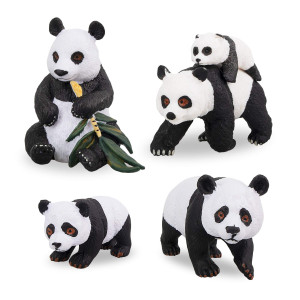 Toymany 4Pcs Solid Panda Figurines Toy Set, 2-4 Realistic Plastic Jungle Animals Figures Family Set With Bamboo & Baby Pandas, Educational Toy Cake Toppers Christmas Birthday Gift For Kids Toddlers