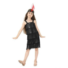 Leadtex Girl'S 20S Flapper Dresses Costume Dress Childrens Party Fringed Dresses With Feather Headband,Size Xl(12-14),Black