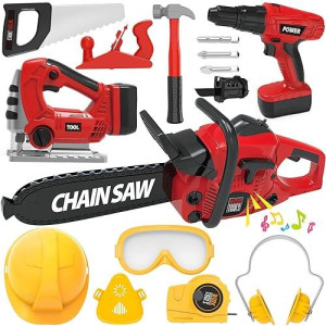 Kids Tool Set With Electric Toy Drill Chainsaw Jigsaw Toy Tools, Realistic Kids Power Construction Pretend Play Tools Set Toy Stem Playset Toddler Toys Kit For Toddler Boy Girl Kid Child Tool Set Toy