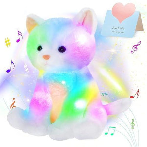 Houwsbaby Led Musical Stuffed Animal Kitty Floppy Singing Light Up Cat Plush Toy Lullaby Animated Soothe Glowing Birthday Gifts For Kids Toddlers White 11.5