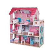 Pidoko Kids Wooden Dollhouse - Includes 12 Pcs Furniture Accessories - Wood Doll House For 3 4-5 Year Old Girls