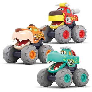 Monster Trucks Gift Set - 3 Trucks With Pull Back, Friction Power And Free Wheel Function - Baby And Toddler Toy Cars With Fun Animal Theme - For 12+ Months / 1 Year