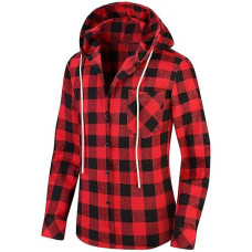 Uillnoodu Womens Flannel Plaid Shirts Long Sleeve Regular Fit Button Down Casual Cotton, Red And Black Plaid Hoodie With Pocket, M