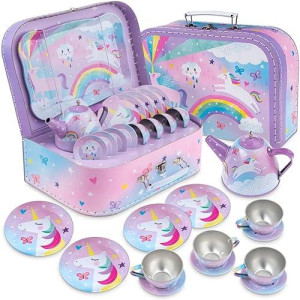 Jewelkeeper Toddler Toys Tea Set For Little Girls - 15 Pcs Tin Tea Set For Kids Tea Time Includes Teapot, 4 Tea Cup And Saucers Set & 4 Snack Plates , Unicorn Tea Party Set With Carrying Case
