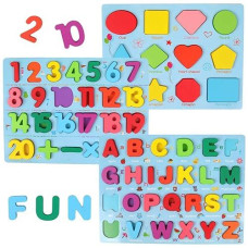 Gemem Alphabet And Number Puzzle Set Wooden Upper Case Letter Number And Shape Learning Puzzles Board Toy, Ideal Of Educational Matching Game For 3 4 5 Years Old Toddlers Boys Girls Set Of 3