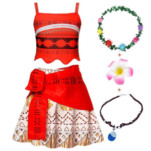 Wonderbabe Princess Moana Dress For Toddler Girls Halloween Christmas Costume Adventure Costume Fancy Dress Up Outfit With Accessories Kids Size 6T Age 5-6 Years Red