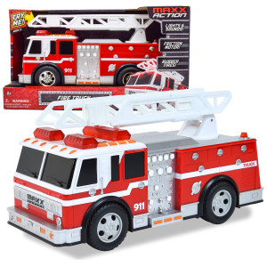 Sunny Days Entertainment Maxx Action 12�� Large Fire Truck - Lights And Sounds Vehicle With Extendable Ladder | Motorized Drive And Soft Grip Tires | Red Firetruck Toys For Kids 3-8