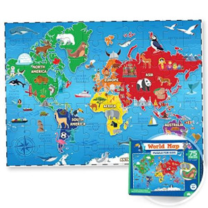 World Map Puzzle For Kids - 75 Piece - World Puzzles With Continents - Childrens Jigsaw Geography Puzzles For Kids Ages 4-8, 5, 6, 7, 8-10 Year Olds - Globe Atlas Puzzle Maps For Kids Learning Games