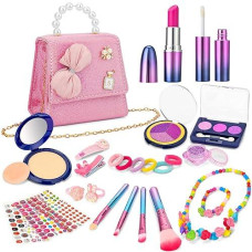 Balnore 27 Pcs Girl Pretend Makeup For Toddlers - Toddler Makeup Kit With Purse | Pink Make Up For Kids, Birthday For Girls 3 4 5 Years Old