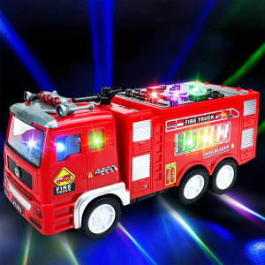 Ynanimery Electric Fire Truck Car Toy With 4D Lights And Sounds, Realistic Firetruck Toys For Toddlers Kids Boys Girls, Bump And Go Car Toy For Imaginative Play
