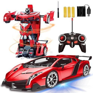 Amenon Remote Control Transform Car Robot Toy For Boys Kids Teens Toys With Lights Rc Car 2.4Ghz 1:18 Rechargeable 360�Rotating Race Car Toys Hoilday Birthday Gifts For Boys Girls Party Favors (Red)