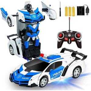 Amenon Remote Control Transform Car Robot Boys Toys With Lights Rc Car 2.4Ghz 1:18 Rechargeable 360?Rotating Race Car Christmas Stocking Stuffers Toys For Kids Girls Party Favors (Whie & Blue)