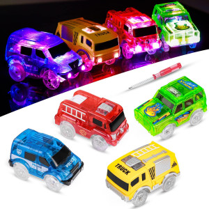 Tracks Cars Replacement Only - Light Up Magic Cars For Tracks Compatible With Glow In The Dark Toy Cars With 5 Led Flashing Lights For Most Race Tracks Only Toy Cars Track Car Accessories (4 Pack)
