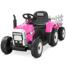 Kidzone 12V 7Ah Treaded Tires With Dual 25W Motors Remote Control Battery Powered Electric Tractor With Trailer Toddler Ride On Toy With 3-Gear-Shift 7-Led Lights, Mp3 Audio - Pink