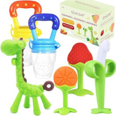Stand-Up Teething Toys For Babies 0-6 Months 6-12 Months - Teethers With 2 � Baby Fruit Feeders And 4 � Baby Teether - Bpa Free/Freezer Free - Different Soft Textures For Infant And Toddlers (Green)