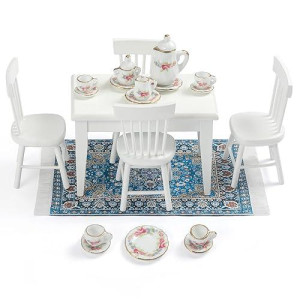 Samcami Miniature Dollhouse Furniture 1 12 Scale - Doll House Furniture Toys For Dollhouse Kitchen - Wooden Dollhouse Furniture Set Incl Dining Table With Chairs, Tea Set, Carpet (White)