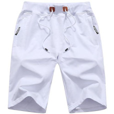 Qpngrp Mens Shorts Casual Drawstring Zipper Pockets Elastic Waist White 44