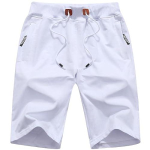 Qpngrp Mens Shorts Casual Drawstring Zipper Pockets Elastic Waist White 44