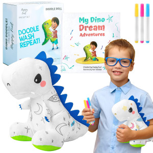 T-Rex Plush Dinosaur Coloring Book Gift Set Arts And Crafts Soft Diy Washable Dino Doodle Doll Stuffed Animal Toy Painting Craft Kit Toys Play Dinosaur Gifts For Kids Boys And Girls Ages 3-5 5-7