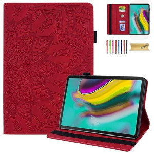 Dteck Case For Samsung Galaxy Tab S5E 10.5" 2019, Slim Flip Folio Premium Pu Leather Embossed Flower Card Holder Stand Protective Cover For Samsung Galaxy Tab S5E 10.5 Inch Sm-T720/T725, Red
