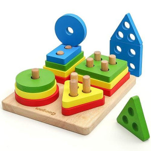 Coogam Wooden Sorting Stacking Montessori Toys, Shape Color Recognition Blocks Matching Puzzle, Fine Motor Skill Educational Preschool Learning Board Game Gift For Kids