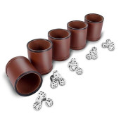 Rnk Gaming 5 Pack Of Professional Dice Cups Pu Leather And Brown Velvet Lined, Includes 25 White Six-Sided Dice